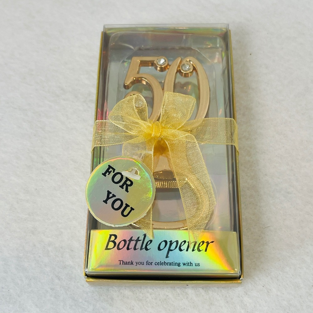 Gold 50th Birthday Anniversary Bottle Opener Rhinestone Party Favor Gift Box